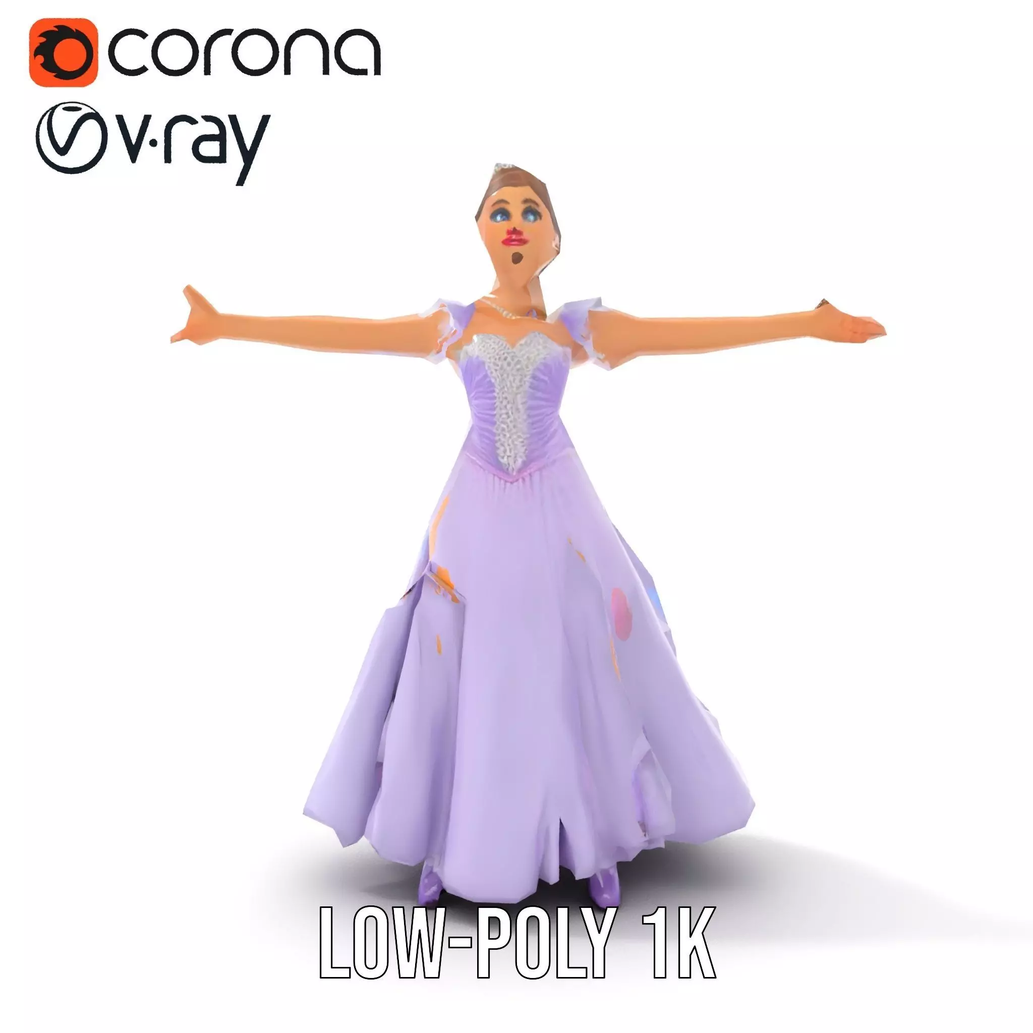 Princess Character Model Pack with Detailed Lavender Gown Low-poly 3D model_16