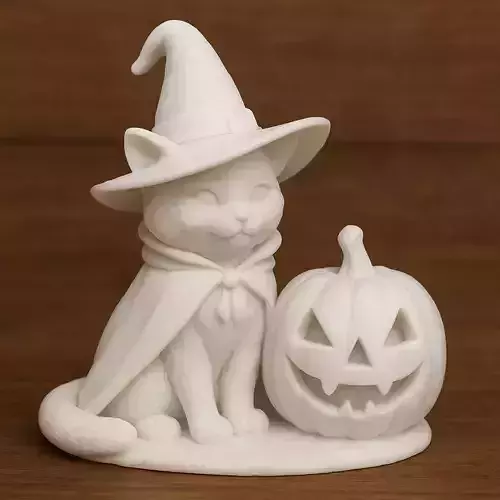 Cat Witch and Pumpkin Halloween