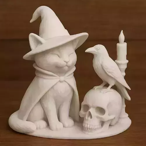 Witch Cat Composition Skull Raven Candleholder