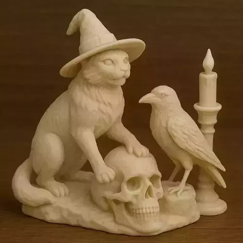 Witch Cat with Skull and Raven Candleholder