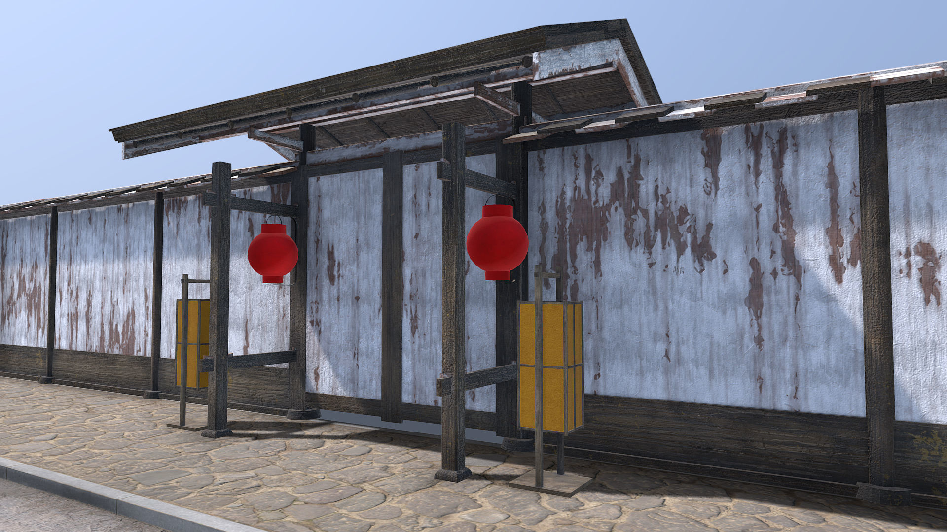 Modular wooden Asian fence Low-poly 3D model_6