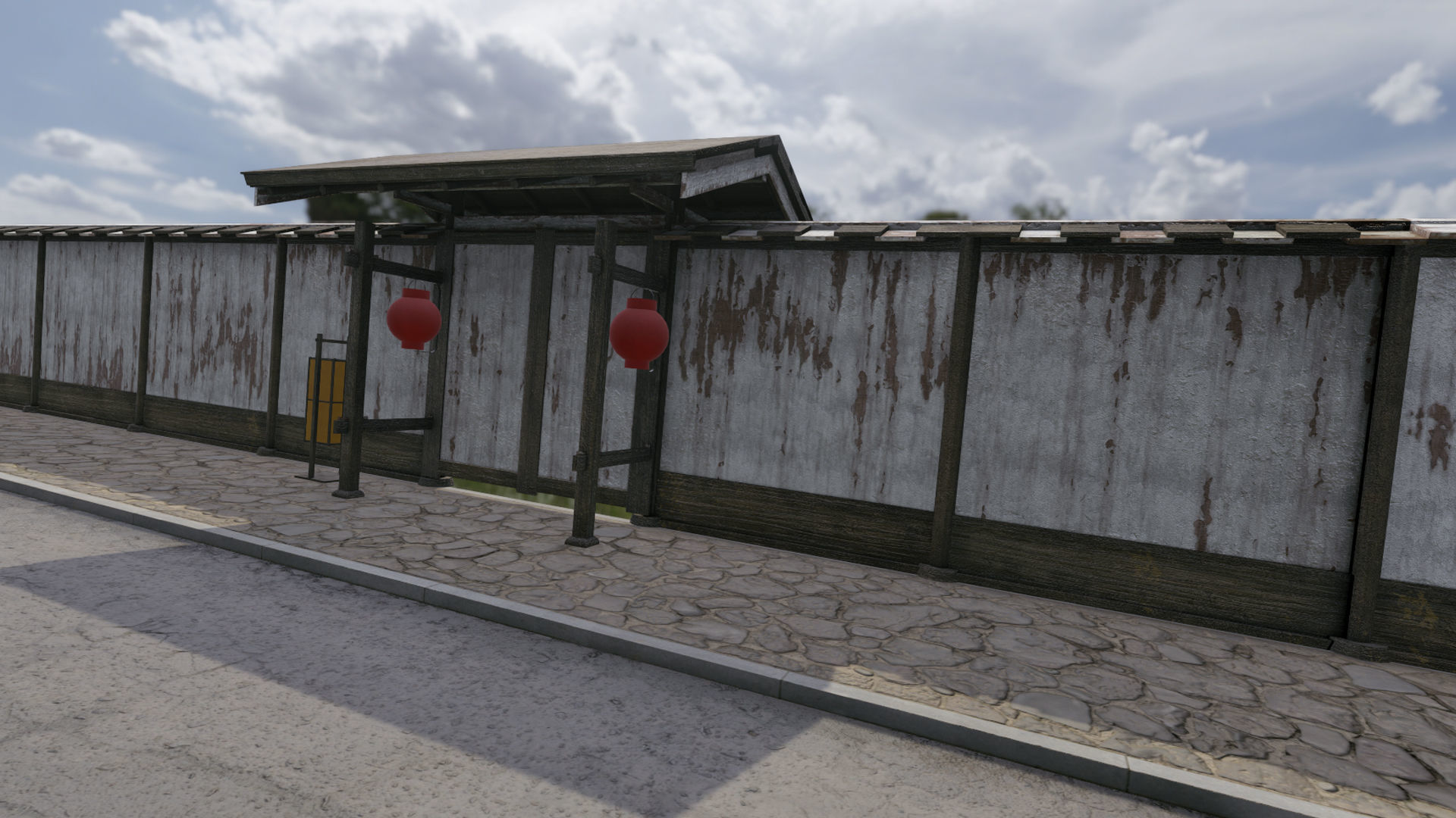 Modular wooden Asian fence Low-poly 3D model_5