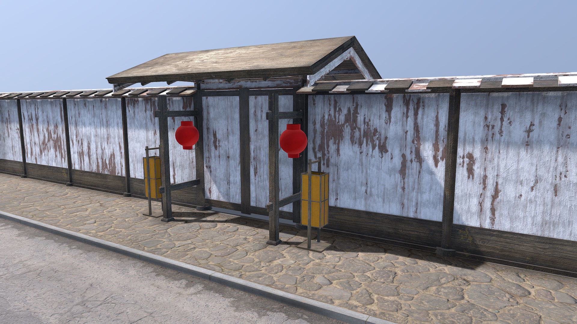 Modular wooden Asian fence Low-poly 3D model_7