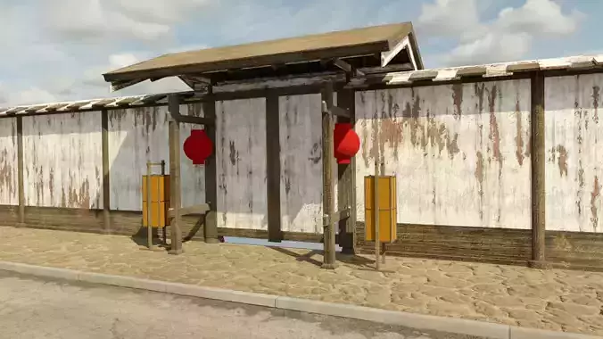 Modular wooden Asian fence Low-poly 3D model