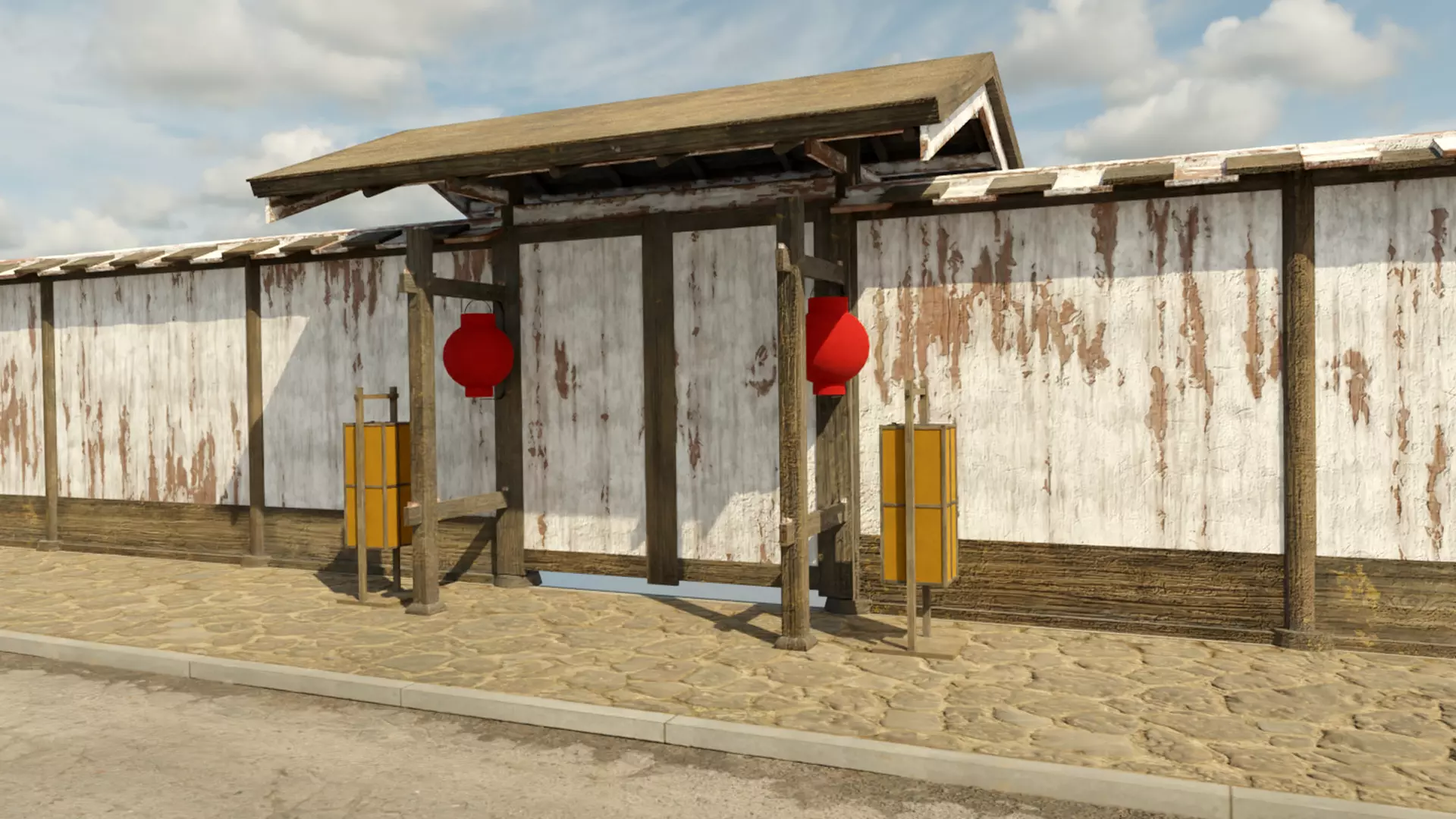 Modular wooden Asian fence Low-poly 3D model_0