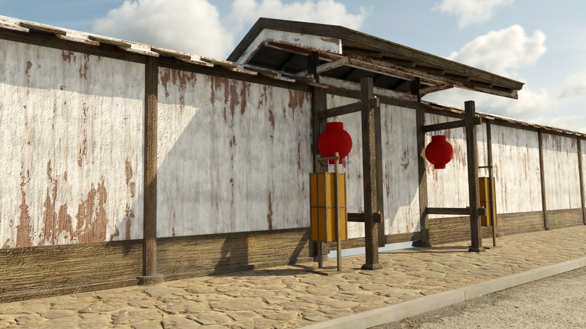 Modular wooden Asian fence Low-poly 3D model_1