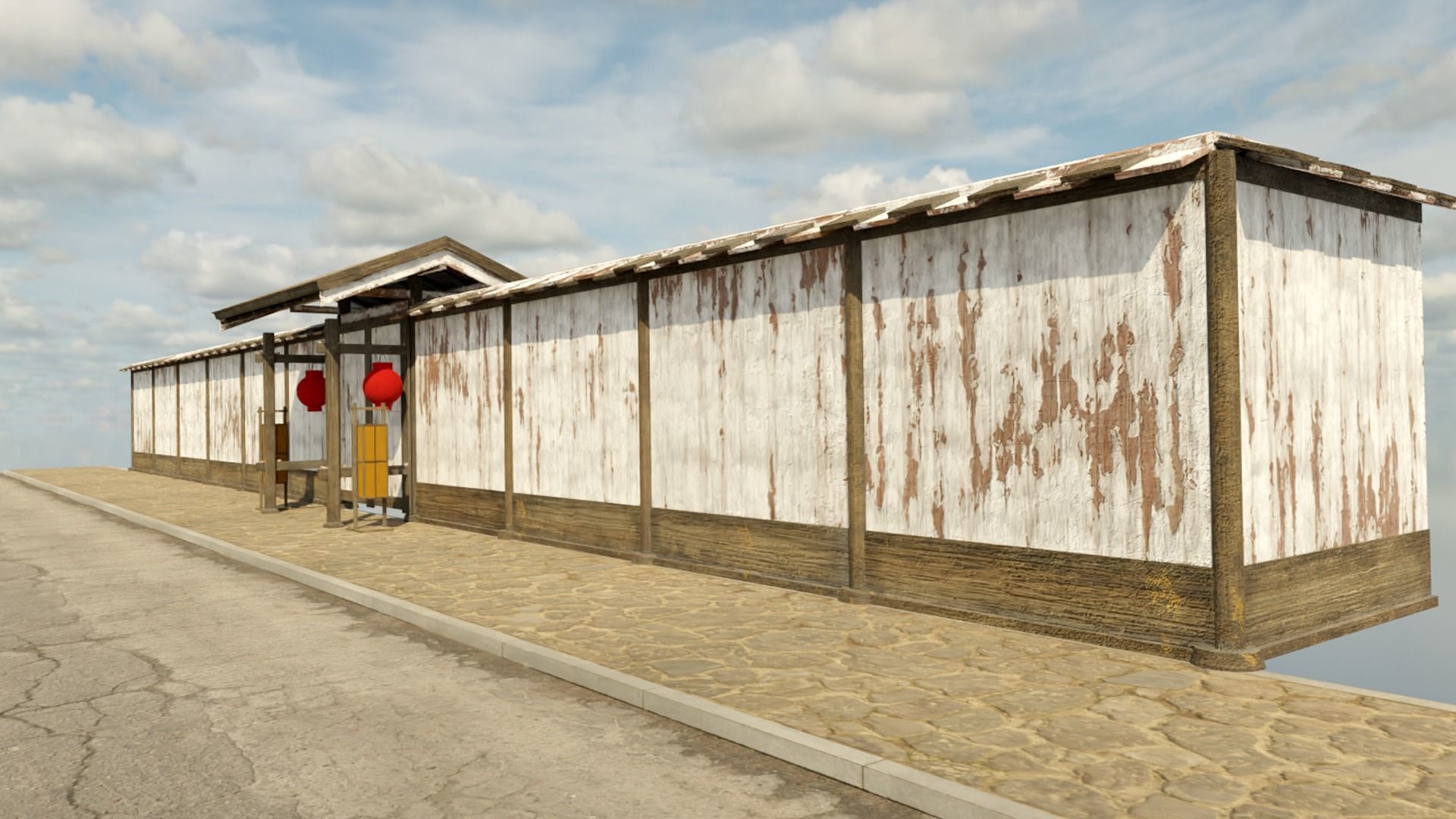 Modular wooden Asian fence Low-poly 3D model_4