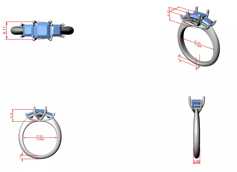 Princess Trio Solitaire Ring 3dm stl renders animation videos 3D print model_6