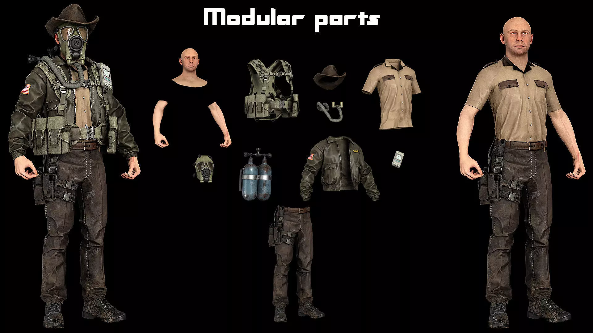 Post-Apocalyptic Sheriff Survivor modular Low-poly 3D model_5