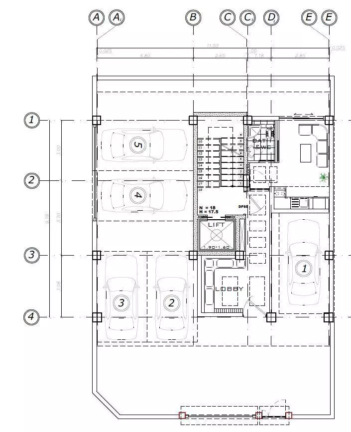 Residential Building Plans Ground Floor with 5 Parking Bays 3D model_4