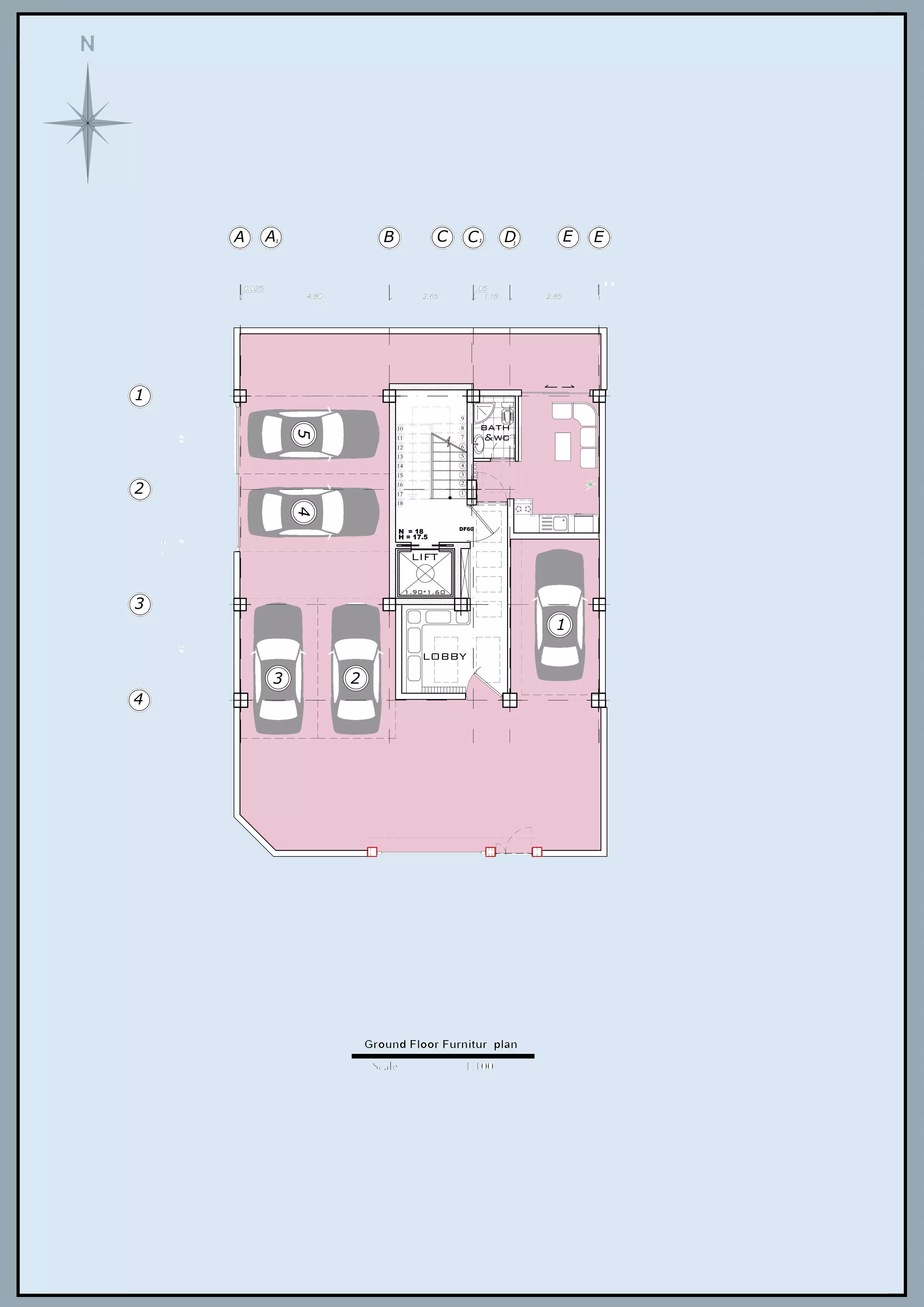 Residential Building Plans Ground Floor with 5 Parking Bays 3D model_2