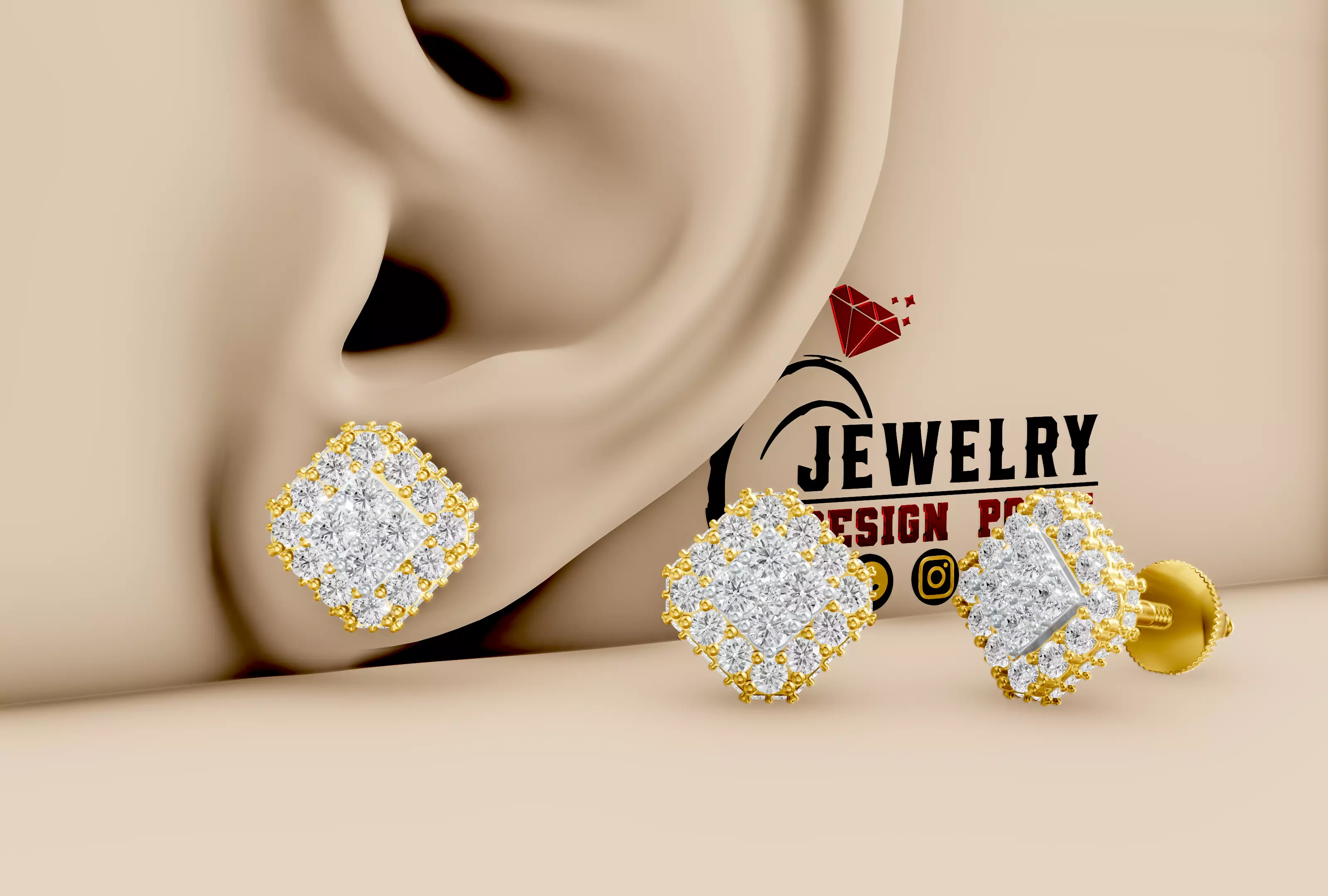 Custom Square Shape Round Diamond Studs - Earrings 12mm 3D print model