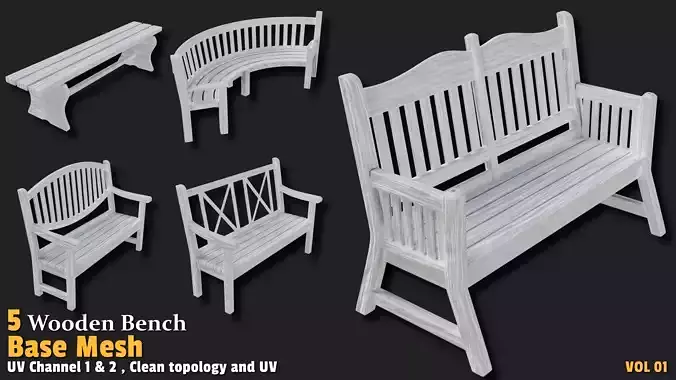 5 Wooden Bench  Base Mesh VOL01
