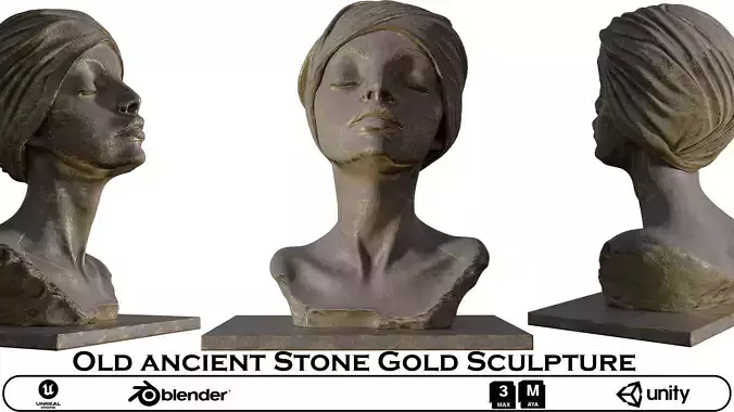  Old Ancient Stone Gold Sculpture   Woman Bust 3D Model