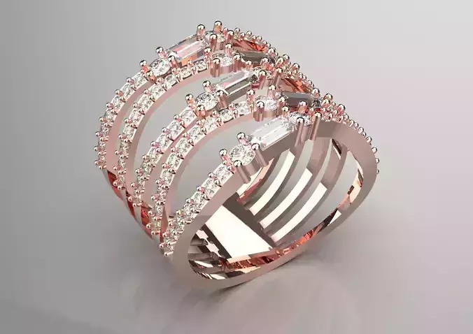 Multirow Rose Gold Ring  Baguette Round Diamonds Model jr00181