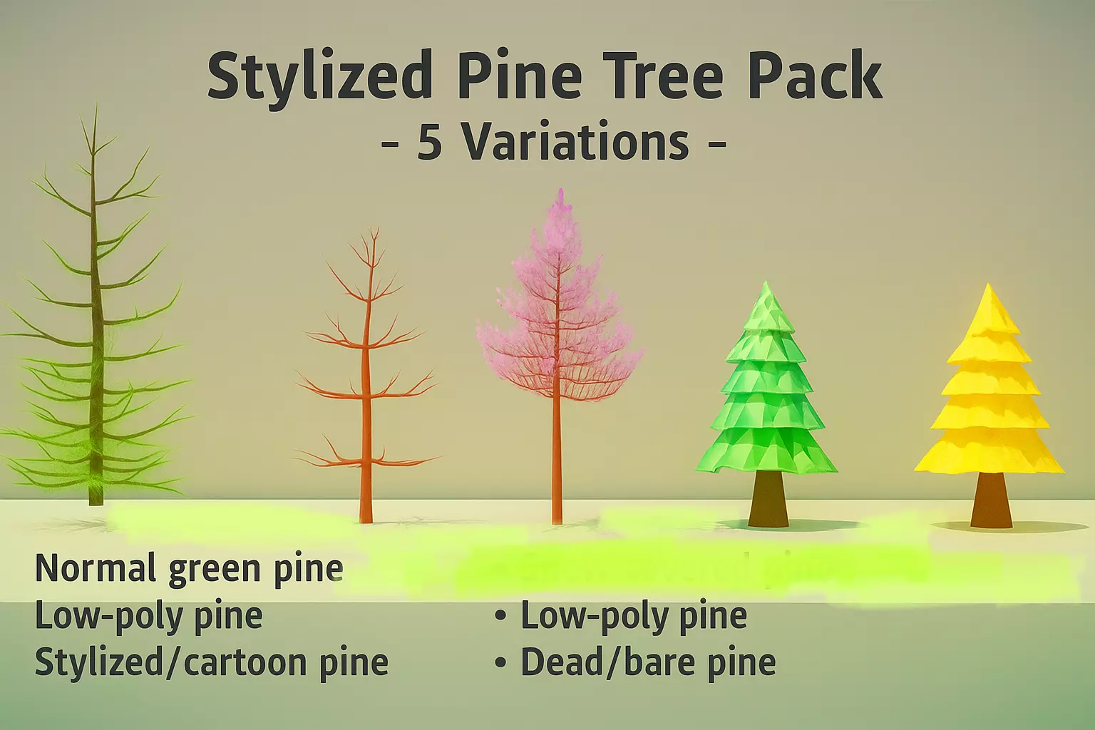 Stylized Pine Tree Pack 5 Variations Low Poly Low-poly 3D model_0
