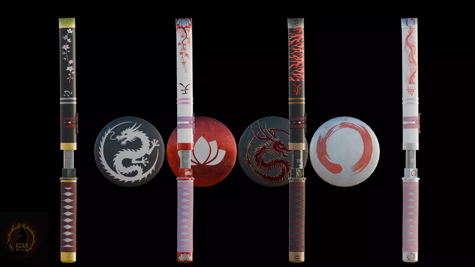 Katana Set  Realistic Japanese Katana 3D Weapon Pack Low-poly 3D model_10