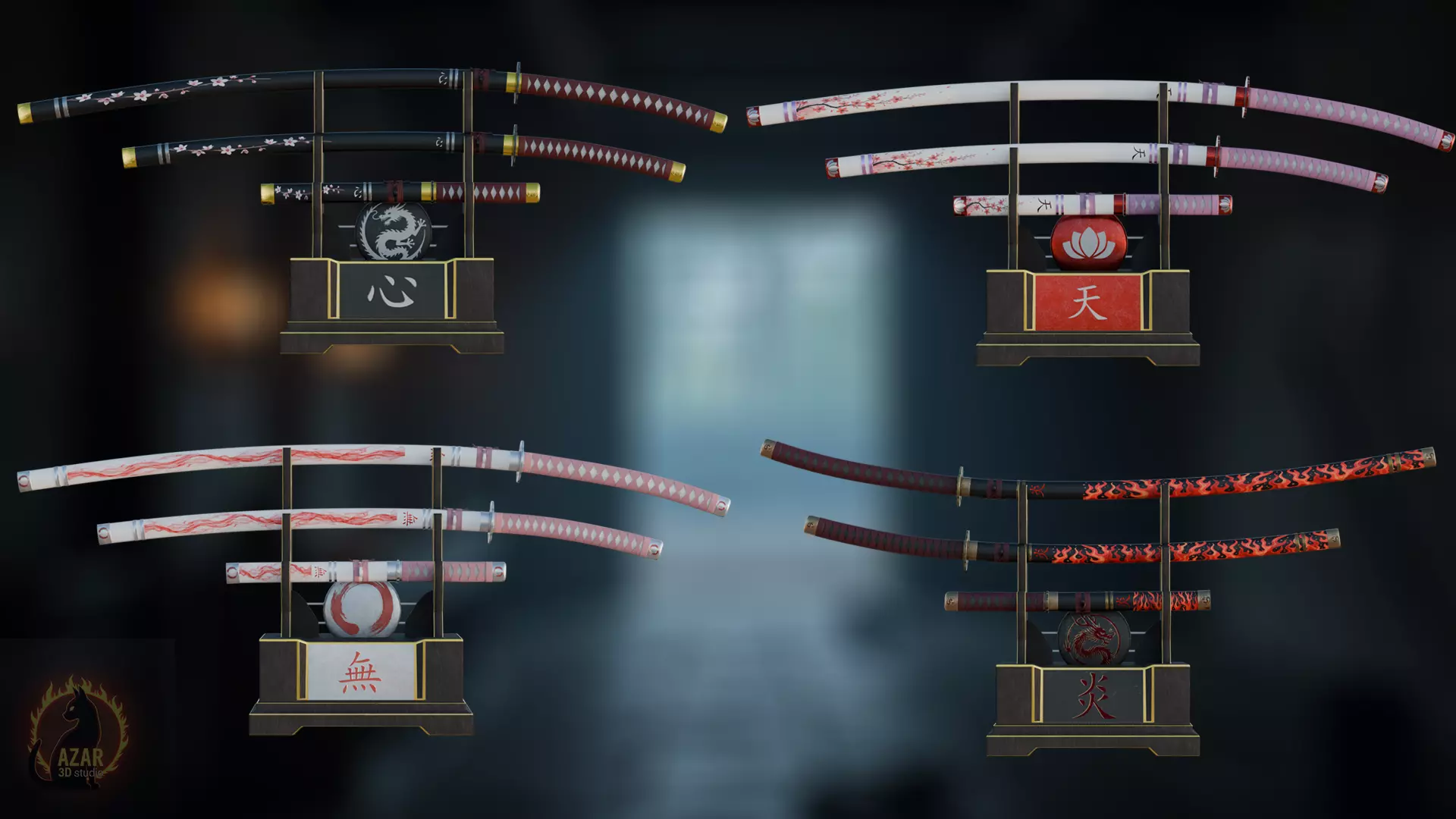 Katana Set  Realistic Japanese Katana 3D Weapon Pack Low-poly 3D model_9