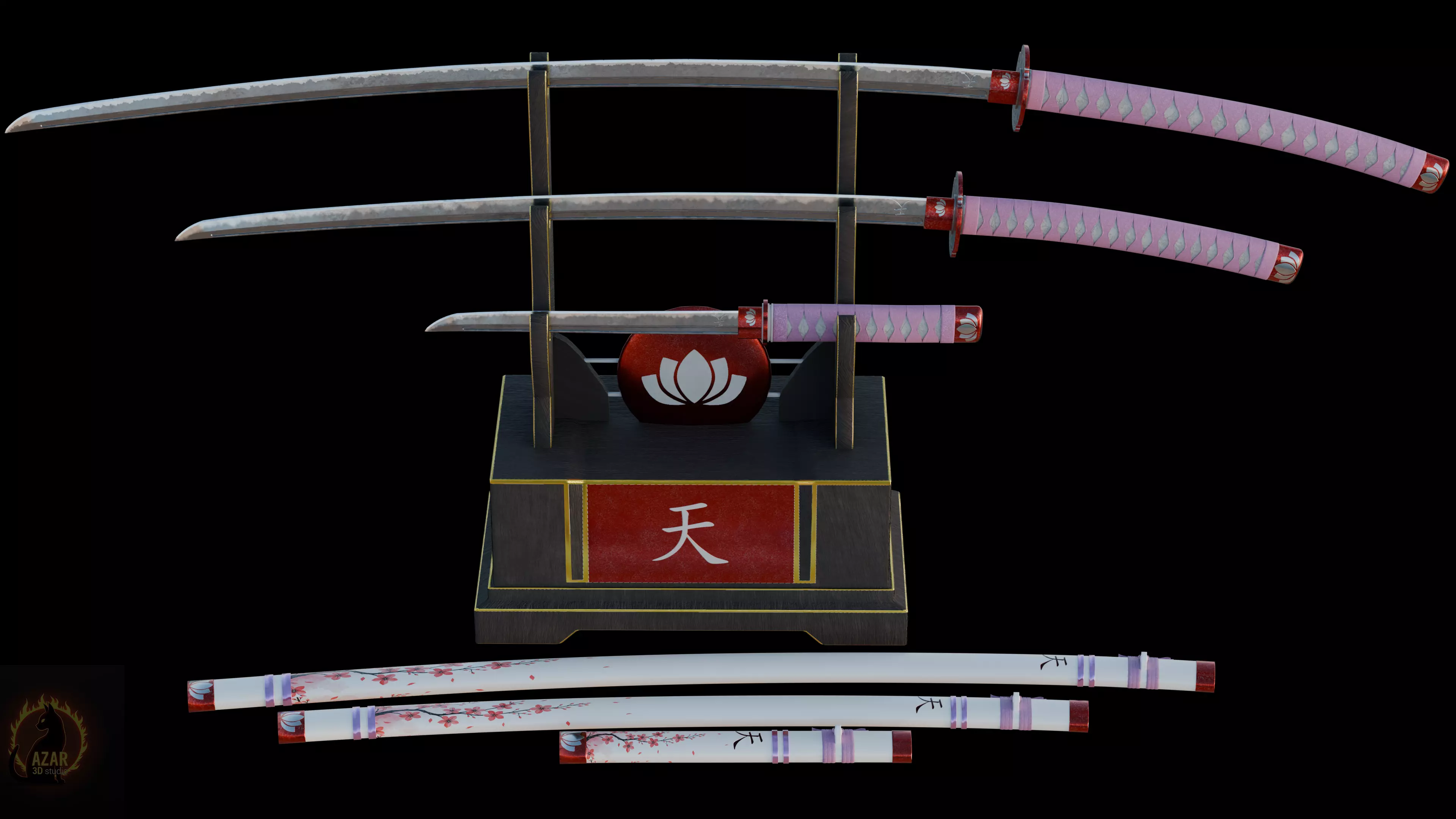 Katana Set  Realistic Japanese Katana 3D Weapon Pack Low-poly 3D model_15