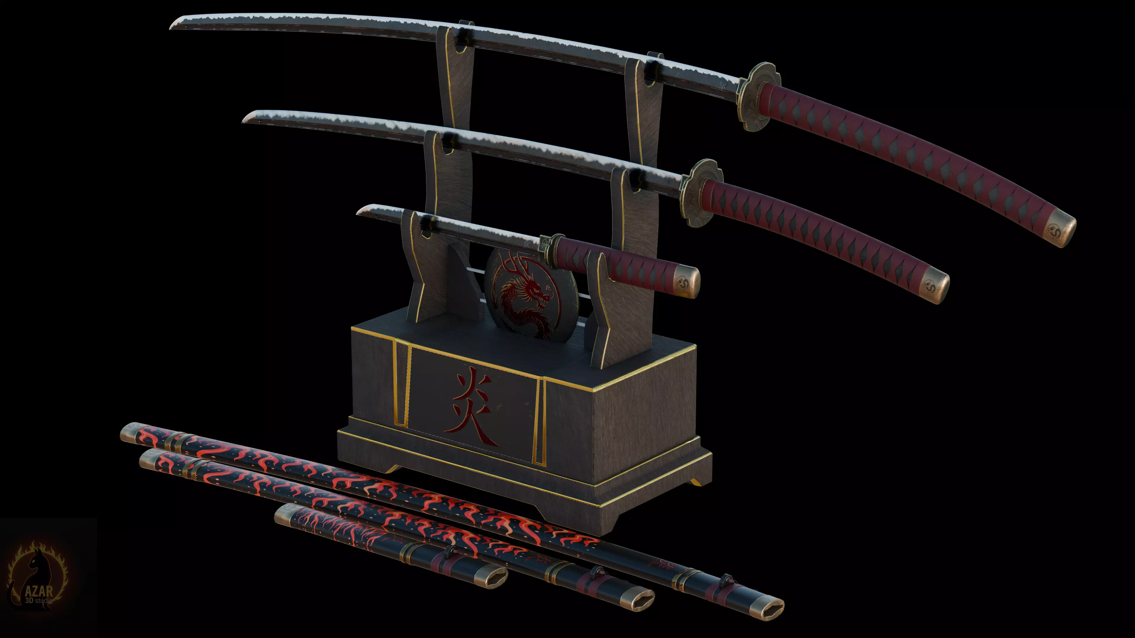 Katana Set  Realistic Japanese Katana 3D Weapon Pack Low-poly 3D model_18