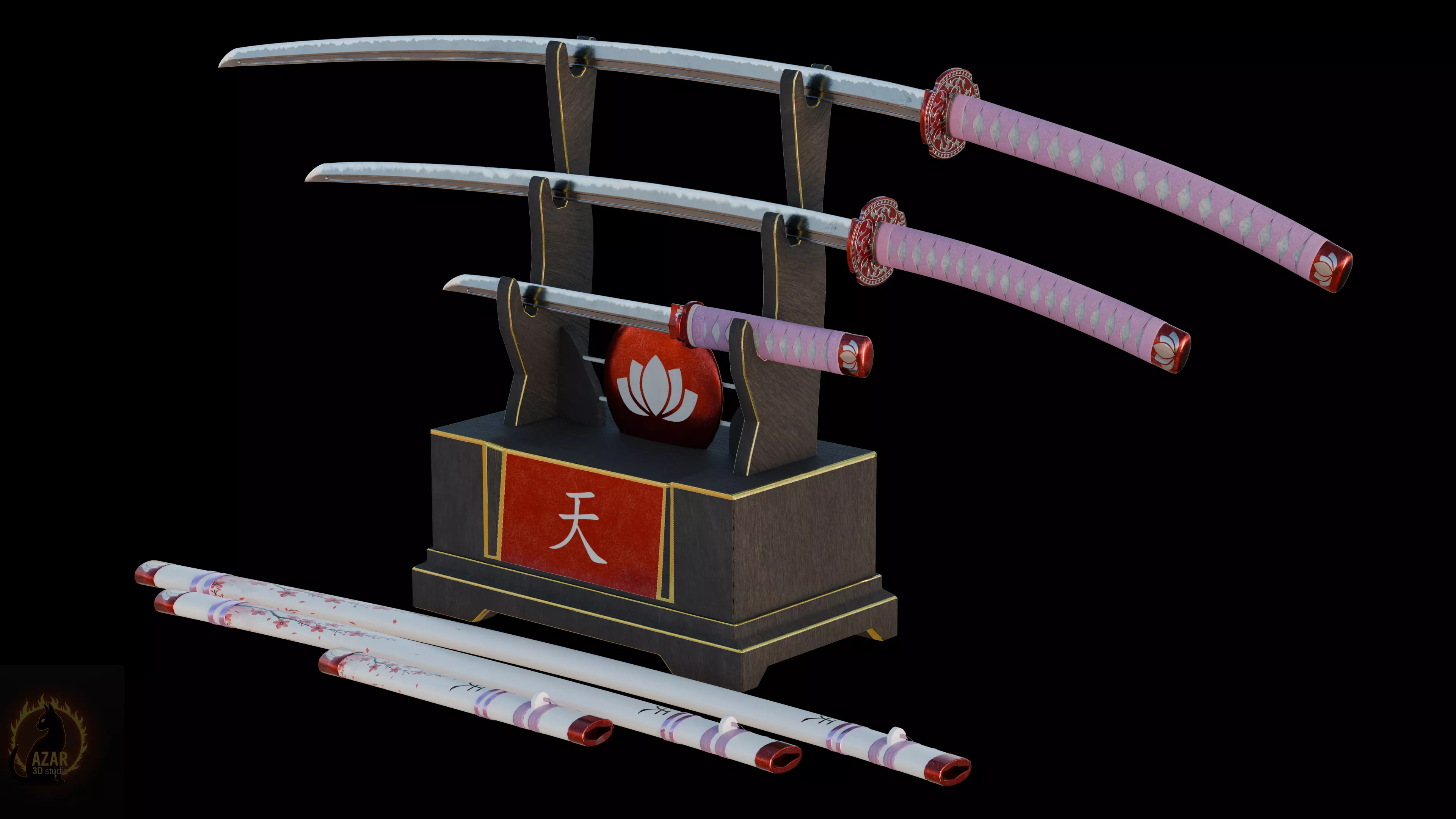 Katana Set  Realistic Japanese Katana 3D Weapon Pack Low-poly 3D model_12
