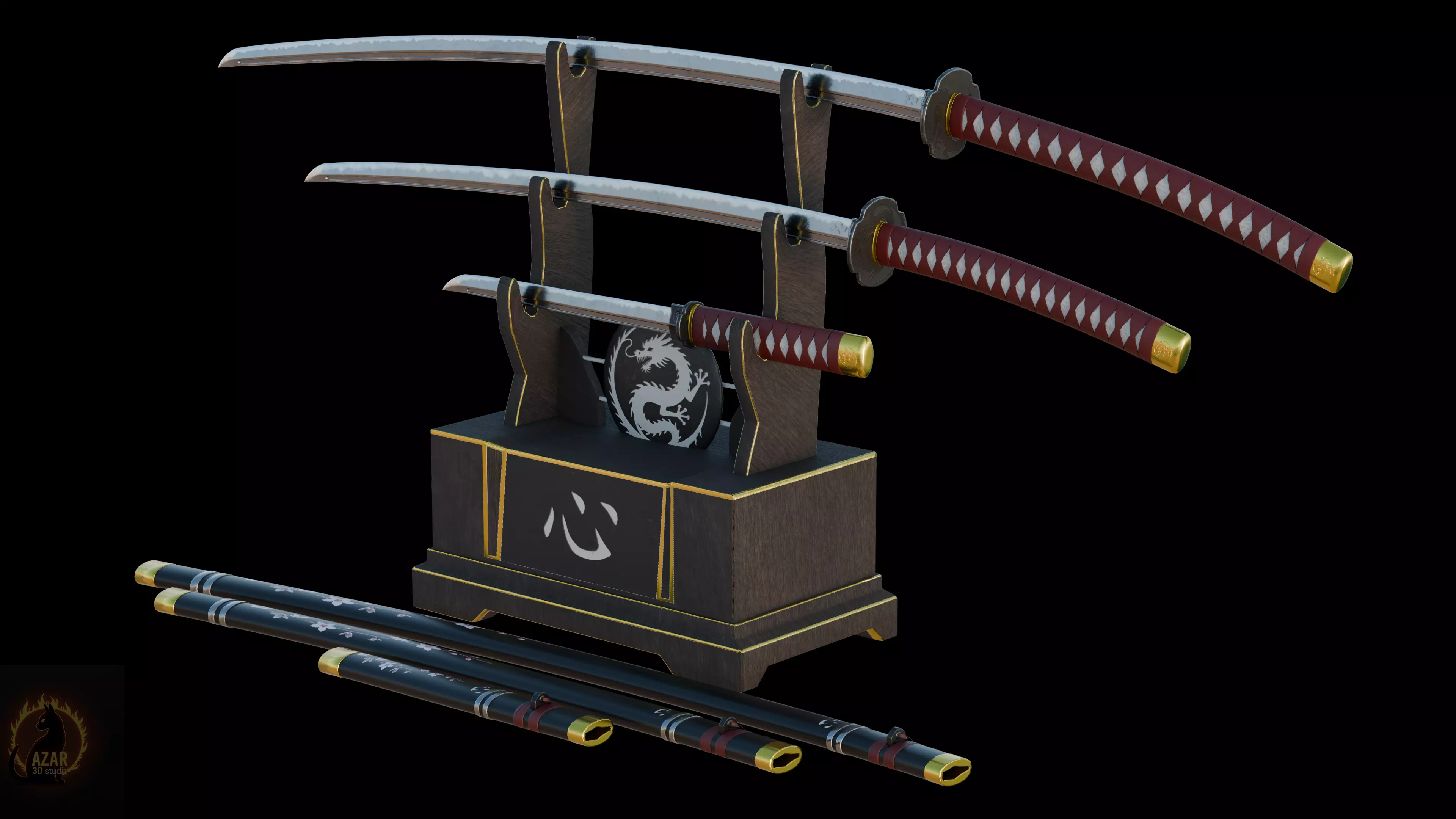Katana Set  Realistic Japanese Katana 3D Weapon Pack Low-poly 3D model_14