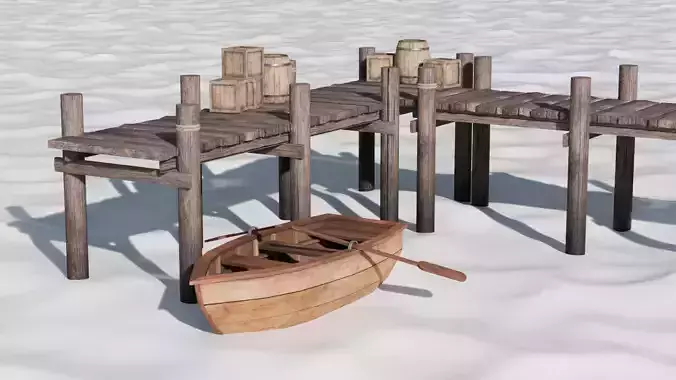 Dock set with boat barrel and crate