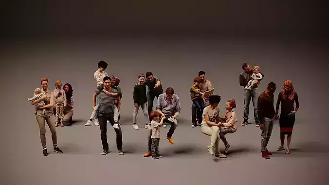 Collection of couples with children x10 Low-poly 3D model