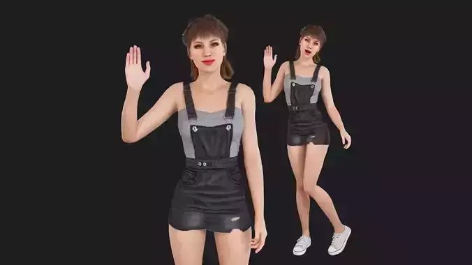 Women wearing denim suspender skirt