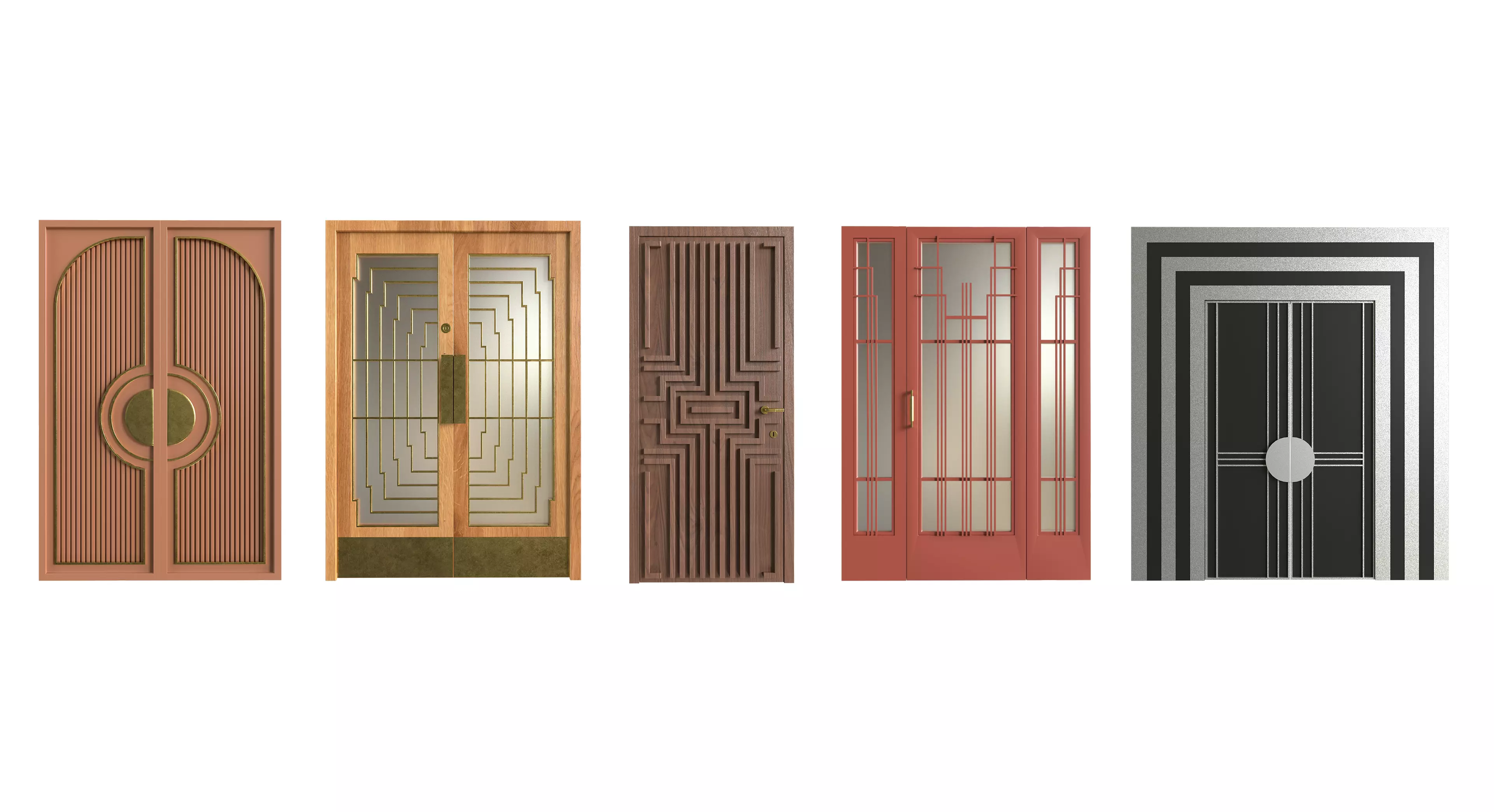 Wood Door Set 5 Stylish 3D Models Low-poly 3D model_0