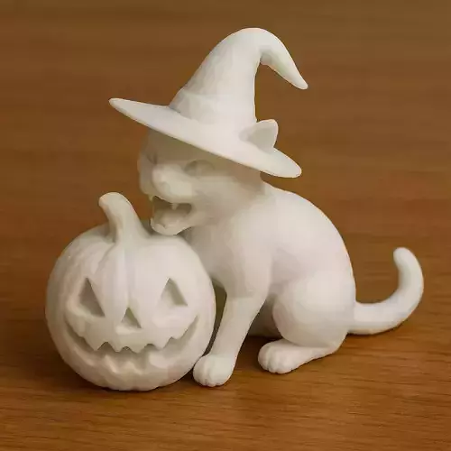Witch Cat Biting Pumpkin