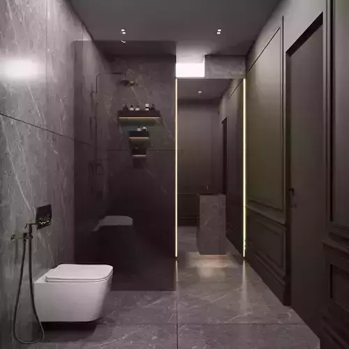 Luxury Bathroom-Gray Stone Finish with Warm Accent Lighting