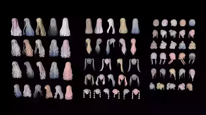 Anime Hairstyle Many Cartoon hair bobby hair c4d fbx obj 