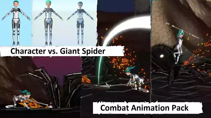 Character vs Giant Spider Combat Animation Pack Low-poly 3D model
