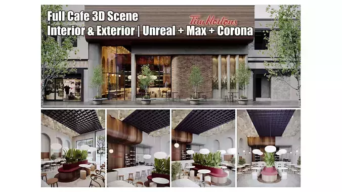Modern Coffee Shop - Full Interior and Exterior 3D Scene 