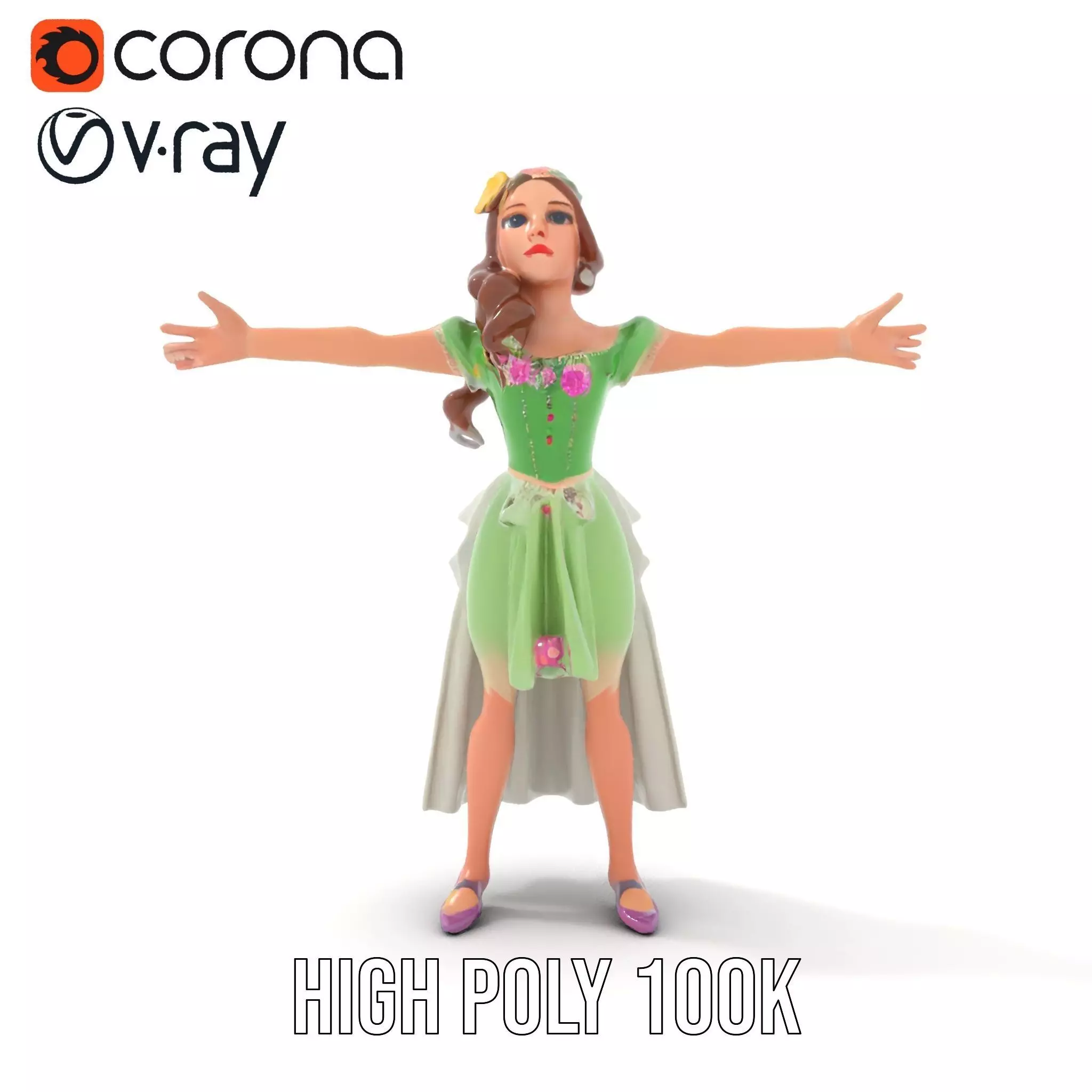 Fairy Princess Character Model Pack with Green Dress Low-poly 3D model_20