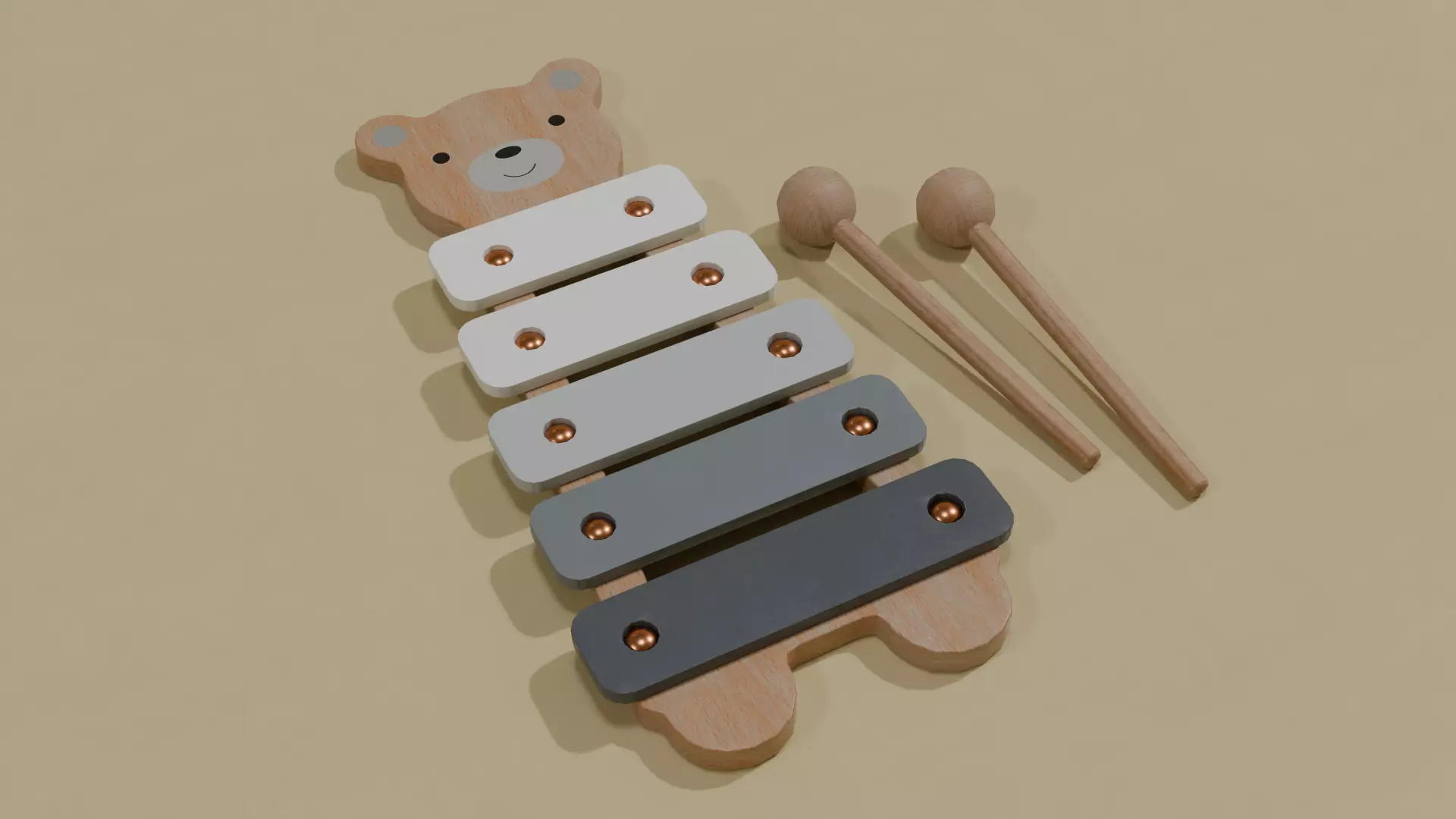 Wooden Teddy Xylophone Toy Low-poly 3D model
