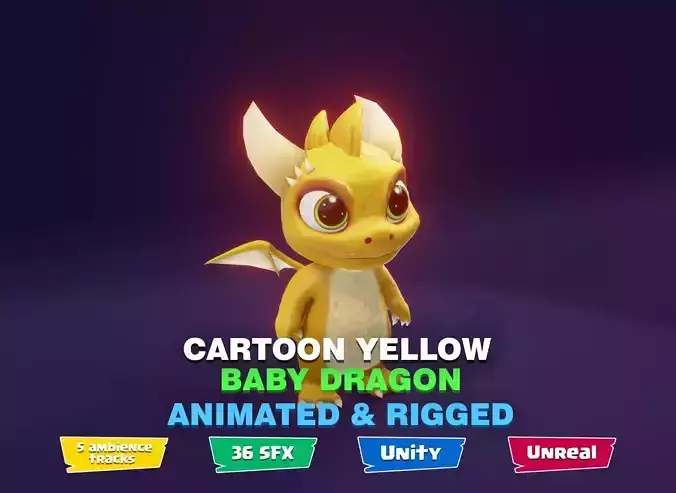 Yellow Baby Dragon 3D Character with Audio Unity Unreal Ready Low-poly 3D model