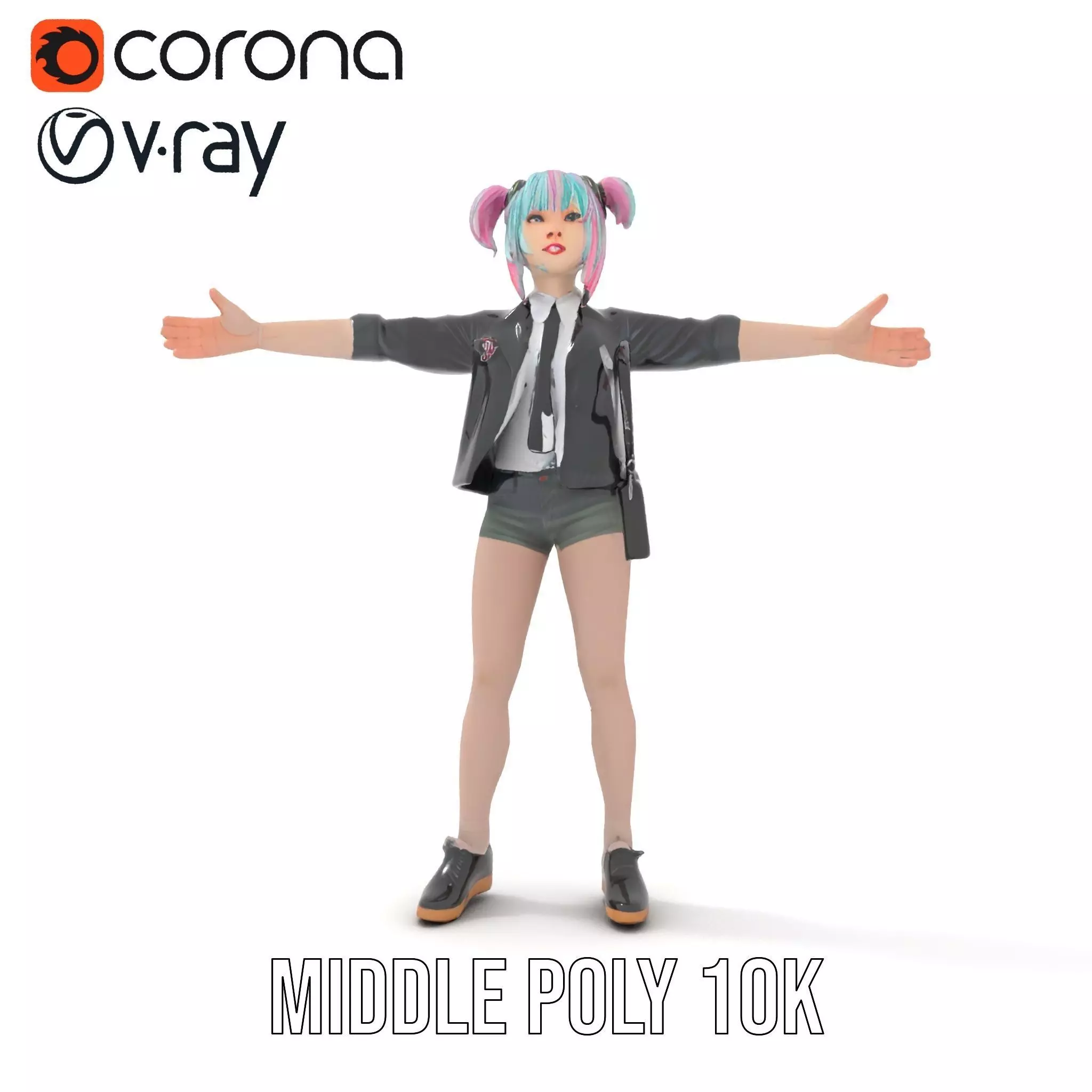 Colorful Anime Character Model Pack with School Uniform Low-poly 3D model_13