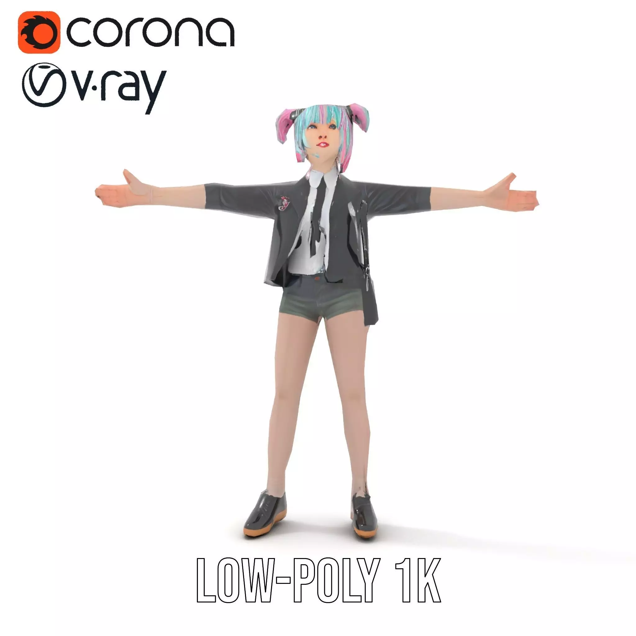 Colorful Anime Character Model Pack with School Uniform Low-poly 3D model_9