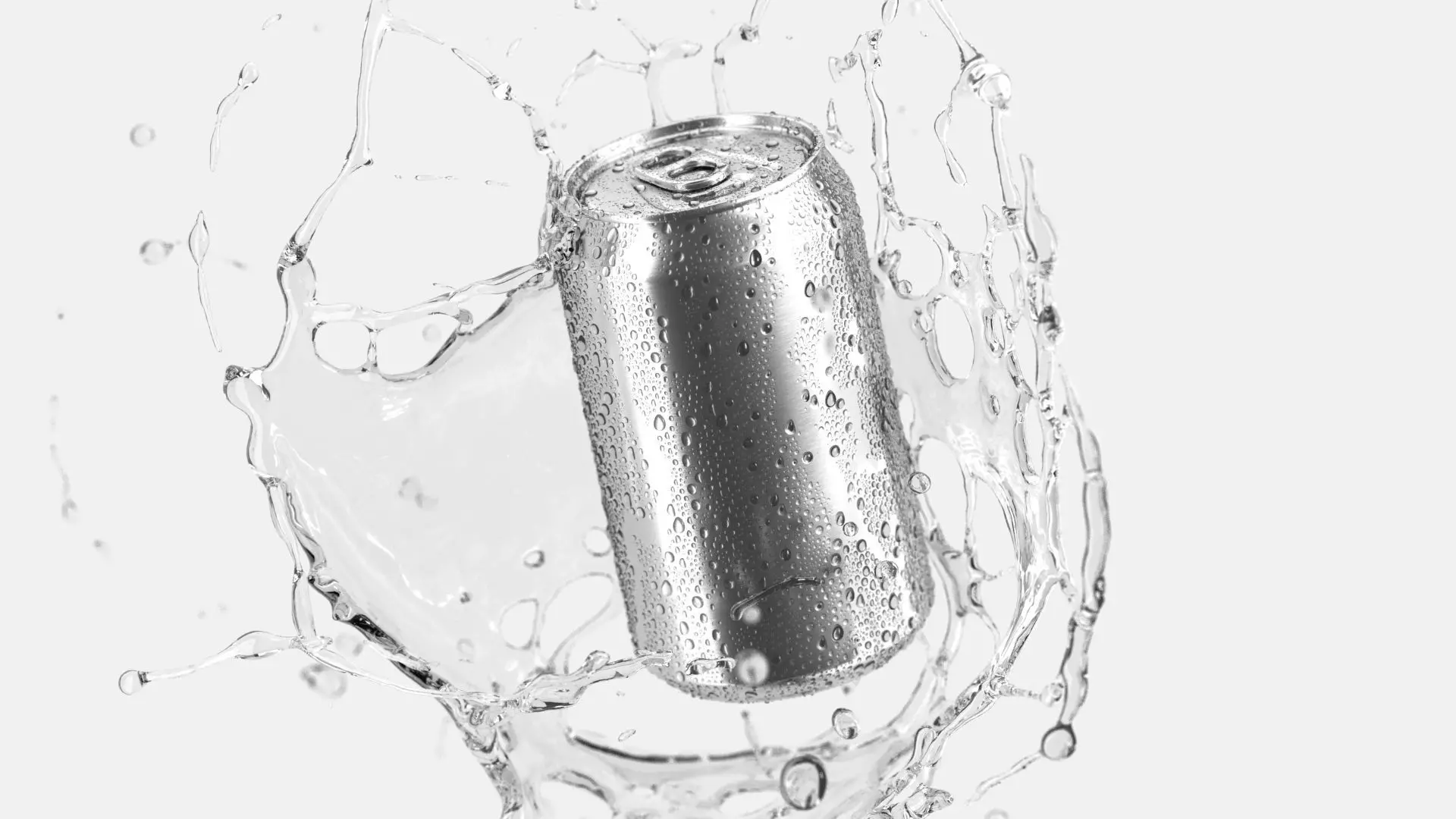 Silver Aluminum Can With Splash - 330ml soda in water drops 3D model