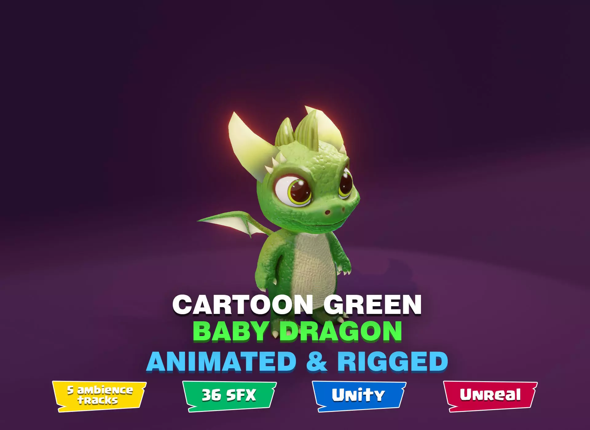 Green Baby Dragon 3D Character with Audio Unity Unreal Ready Low-poly 3D model