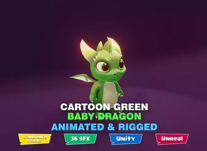 Green Baby Dragon 3D Character with Audio Unity Unreal Ready Low-poly 3D model