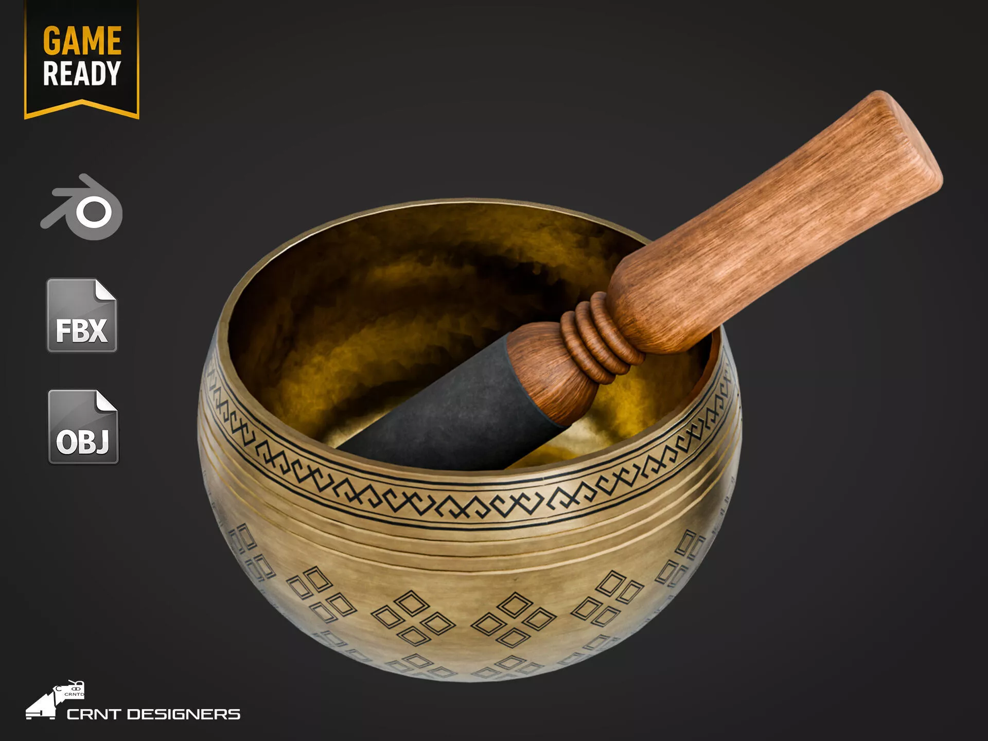 Tibetan Singing Bowl with Wooden Mallet - Meditation Bowl Low-poly 3D model