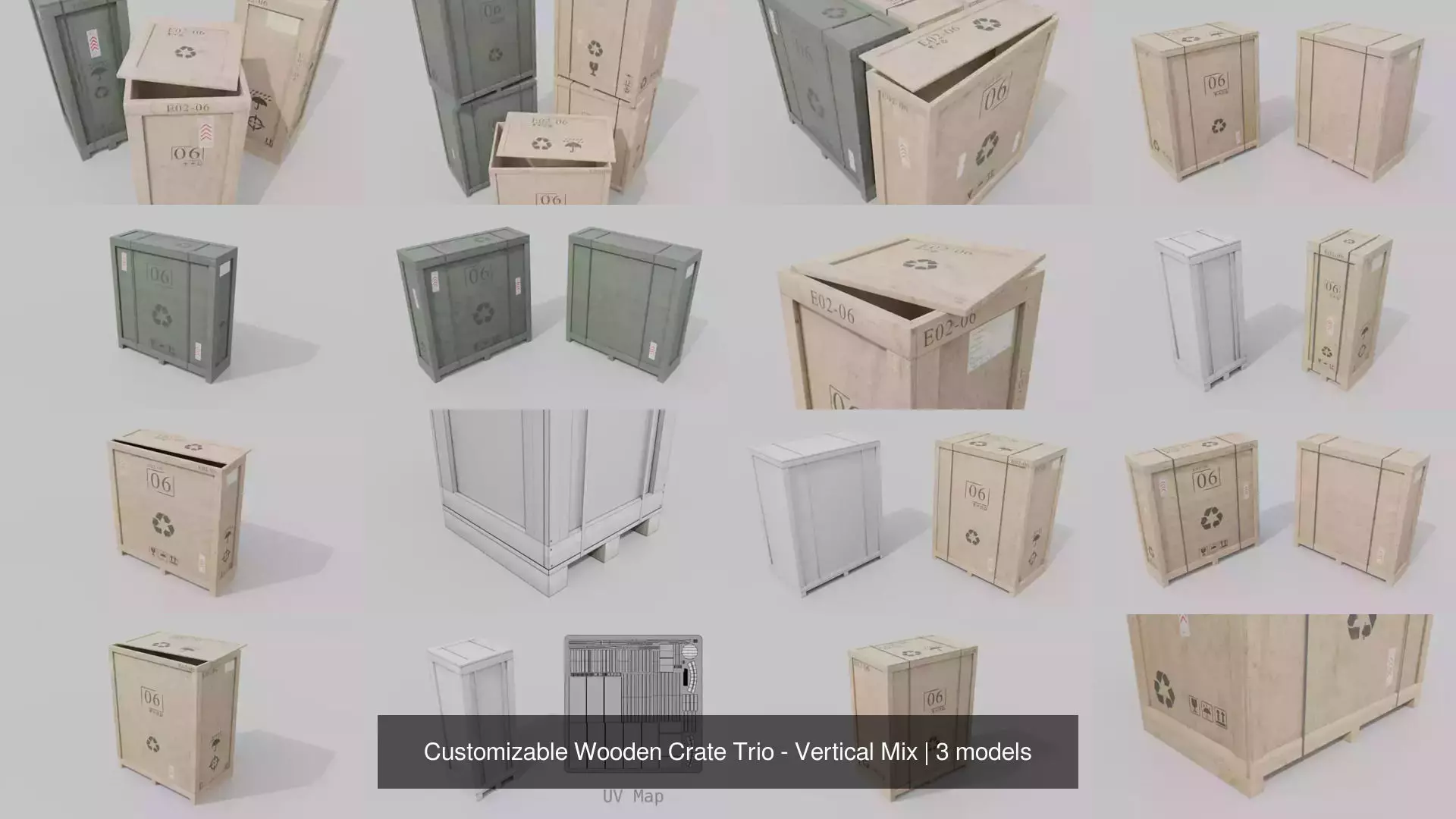 Customizable Wooden Crate Trio - Vertical Mix 3D Model Collection_4