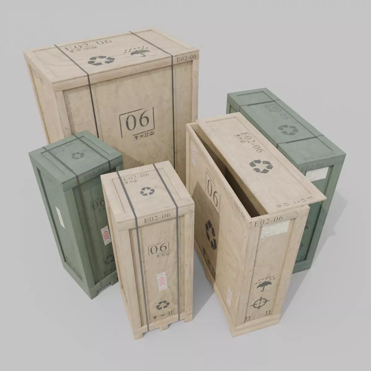 Customizable Wooden Crate Trio - Vertical Mix 3D Model Collection_0