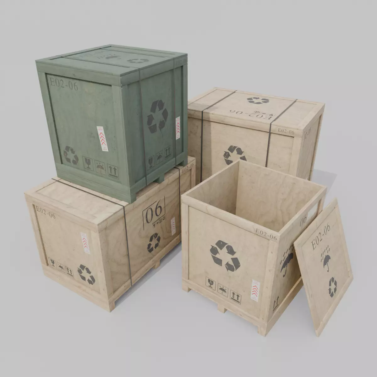 Customizable Wooden Crate Trio - Balanced Stack 3D Model Collection_0