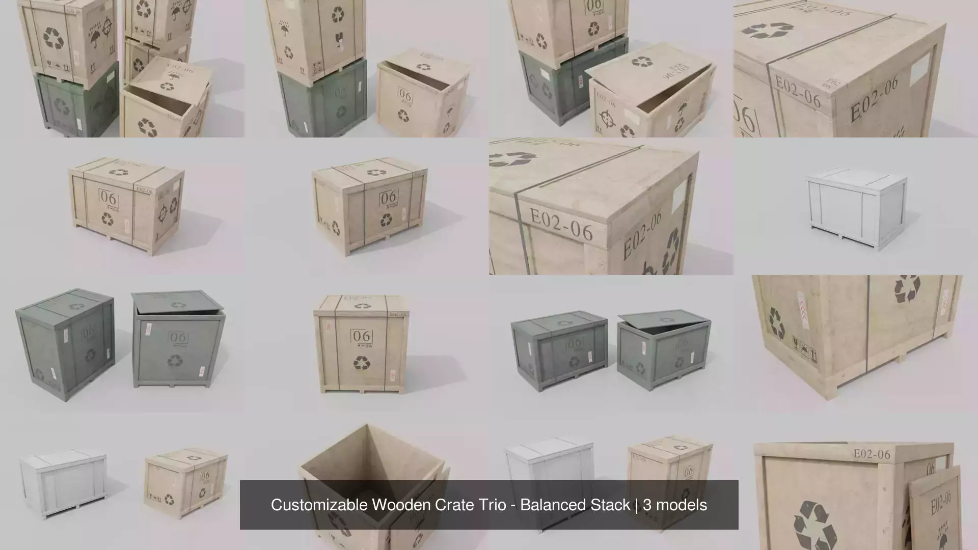 Customizable Wooden Crate Trio - Balanced Stack 3D Model Collection_4
