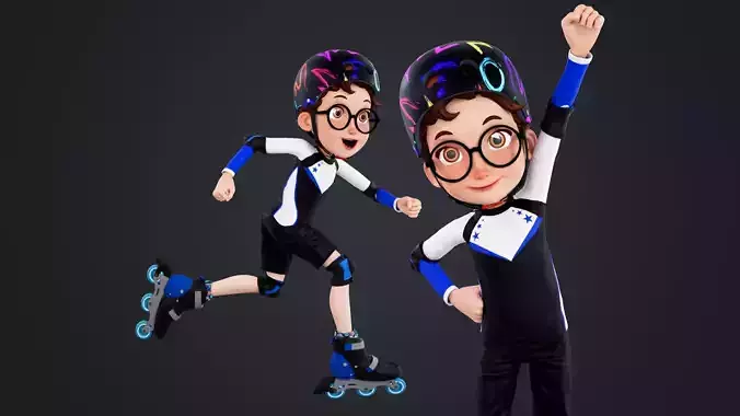 Cartoon Roller Skating Boy Low-poly 3D model