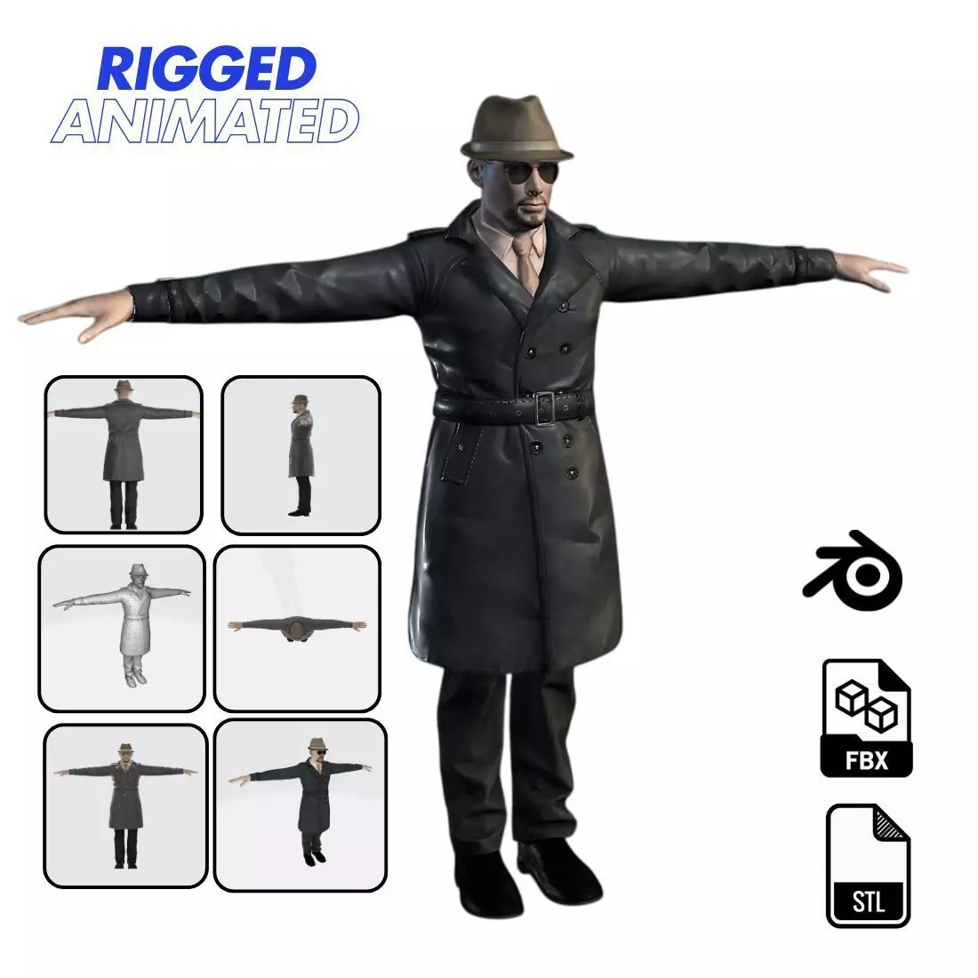 3D Character Model  Middle Aged Man in Trench Coat Game Ready Low-poly 3D model_0